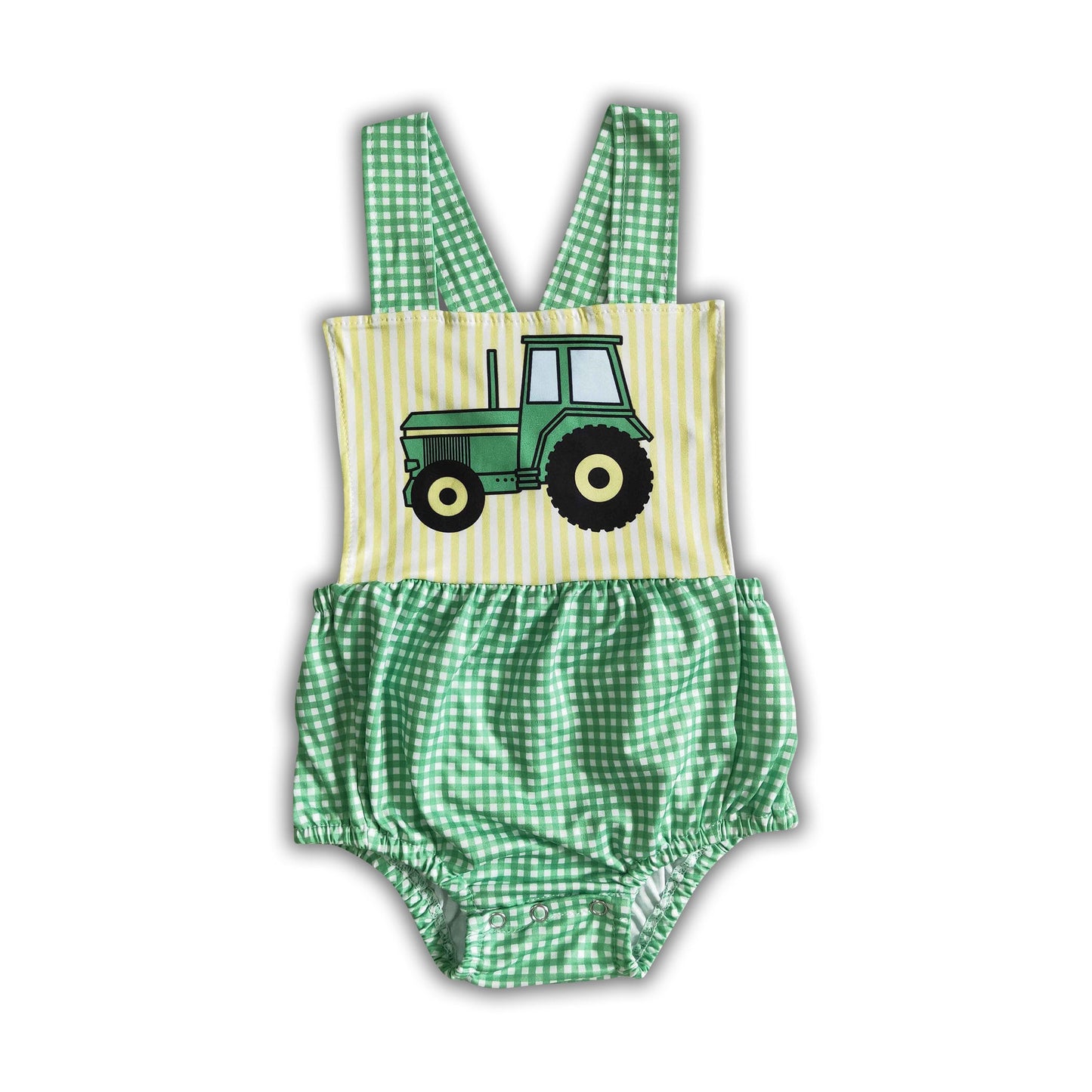 Tractor green plaid baby farm romper