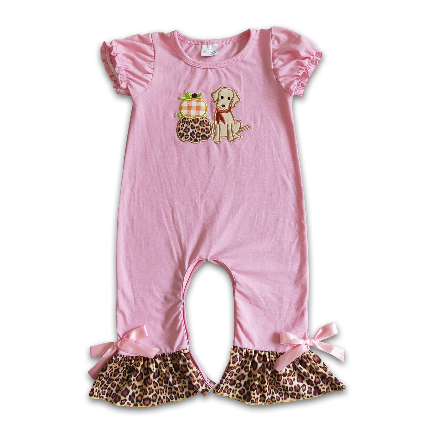 Pink dog pumpkin embroidery girls leopard fall romper