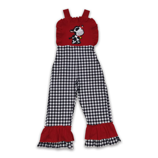 Cow embroidery plaid ruffle baby girls overalls