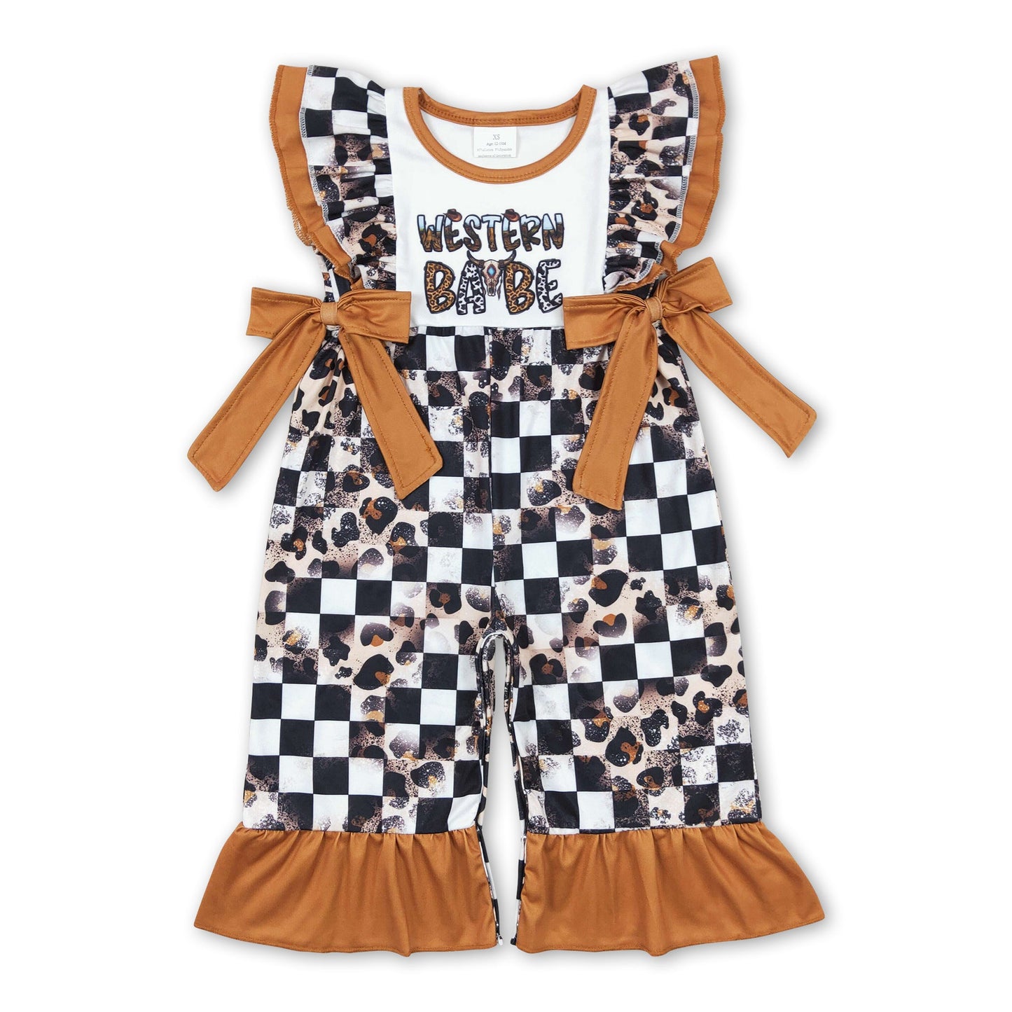 Western babe black leopard plaid girls romper