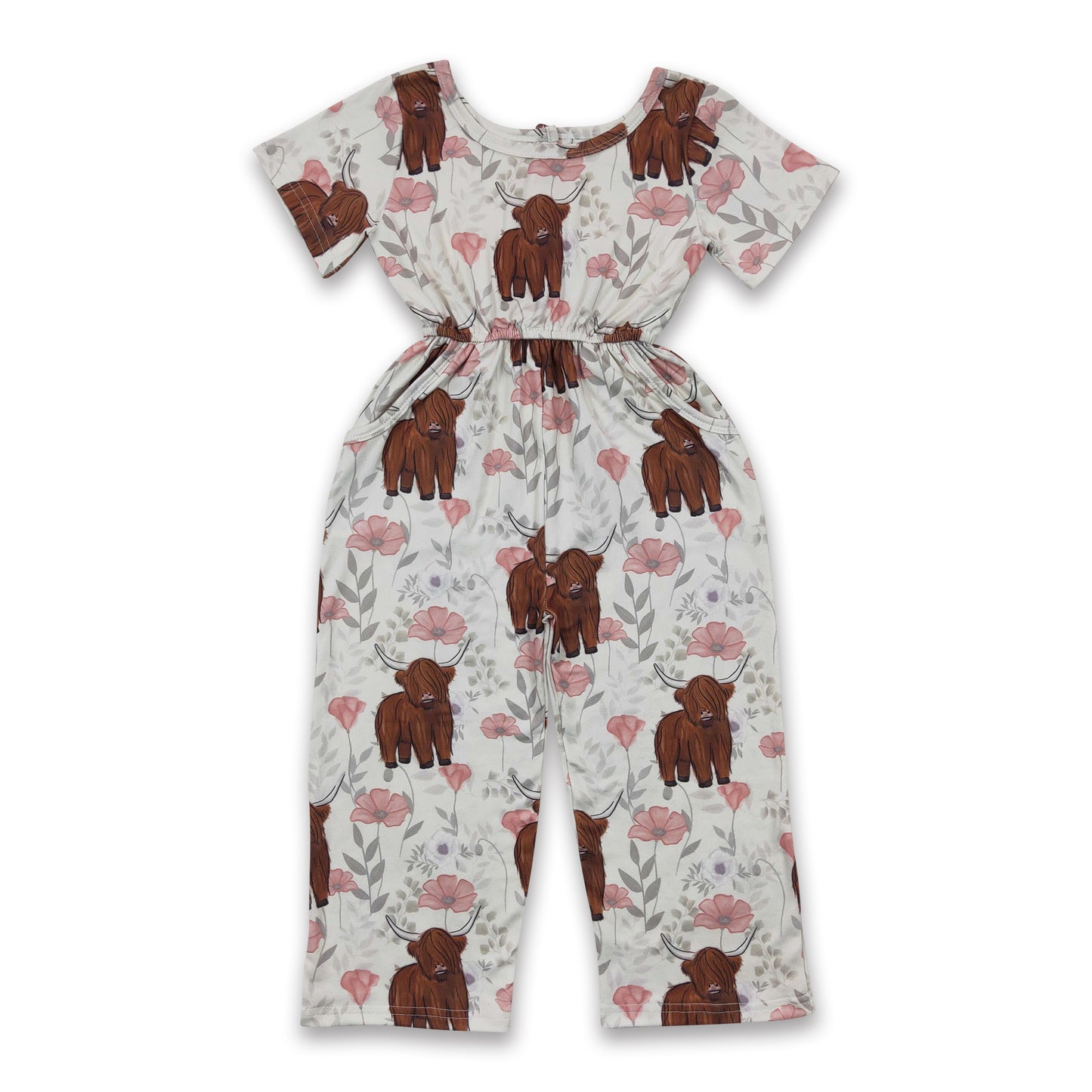 Short sleeves highland cow floral pocket girls jumpsuit