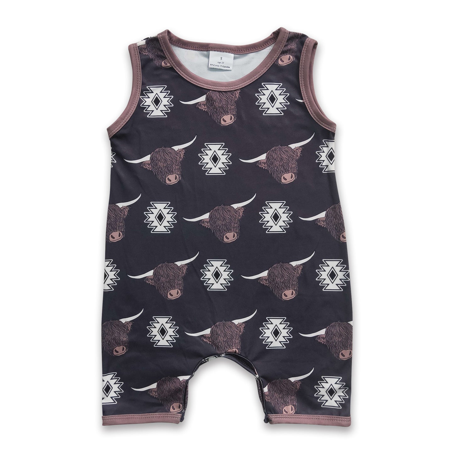 Highland cow aztec sleeveless baby boy western romper