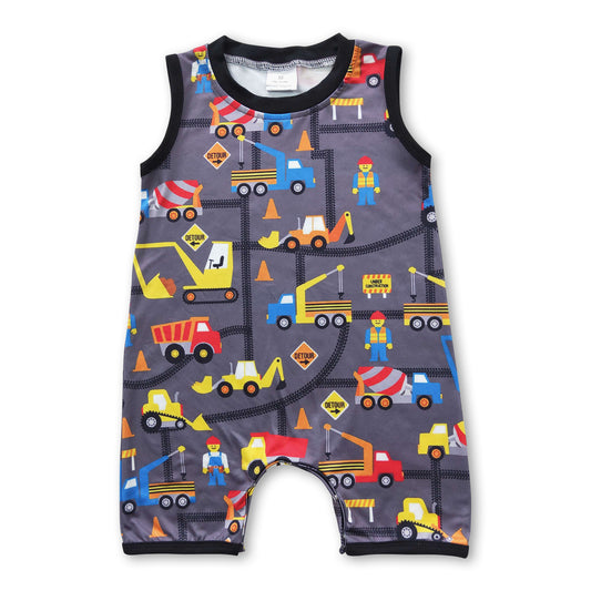 Construction trucks sleeveless baby boy romper