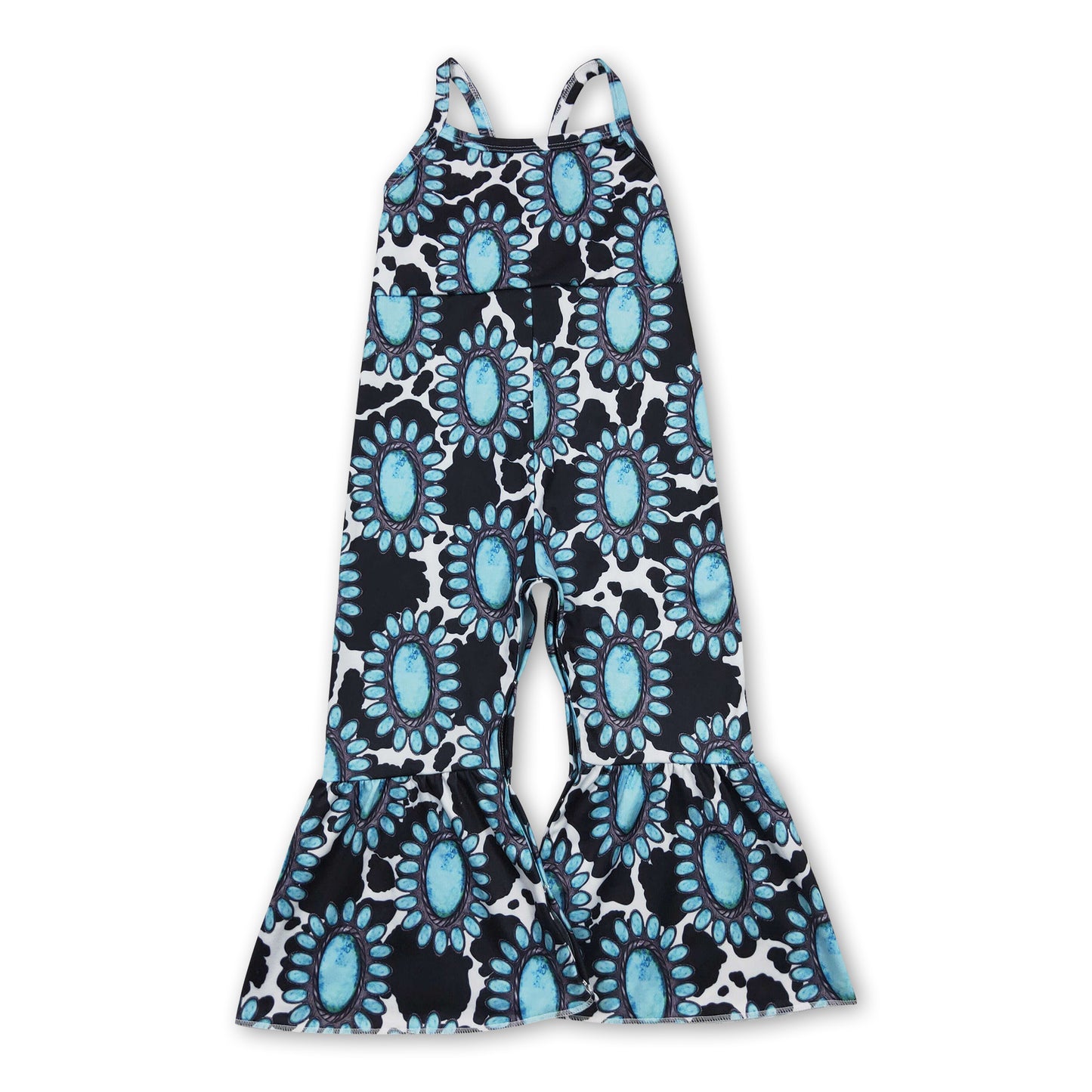 Turquoise cow sleeveless kids girls jumpsuit