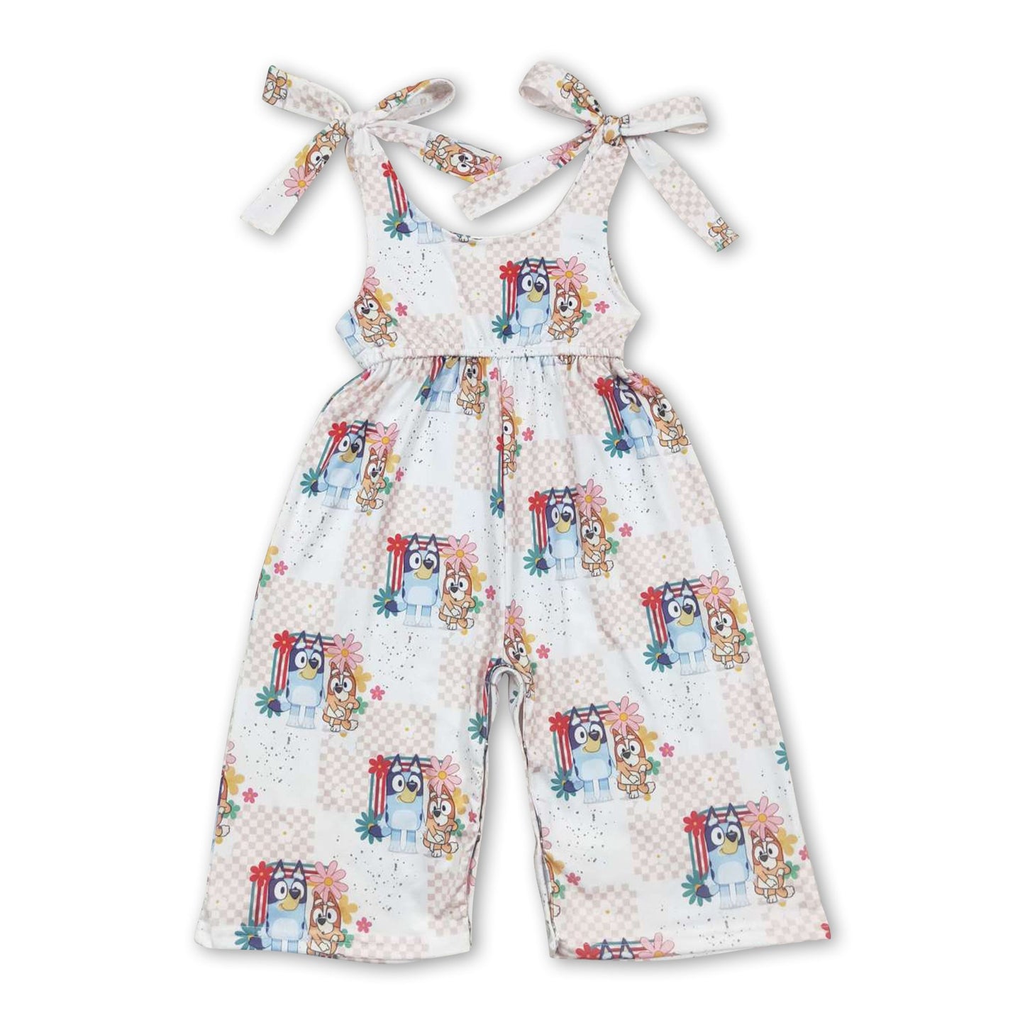 Plaid floral blue dogs kids girls jumpsuit