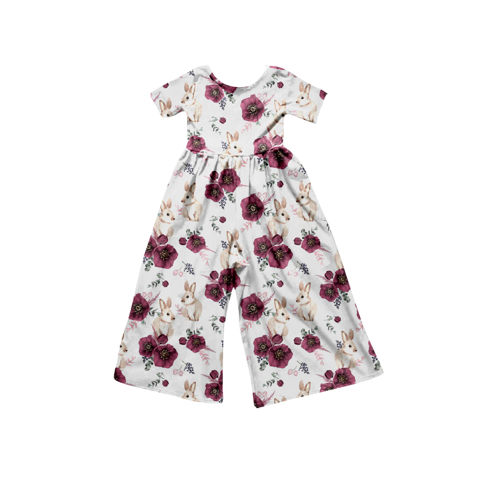 Maroon floral bunny short sleeves girls easter jumpsuit