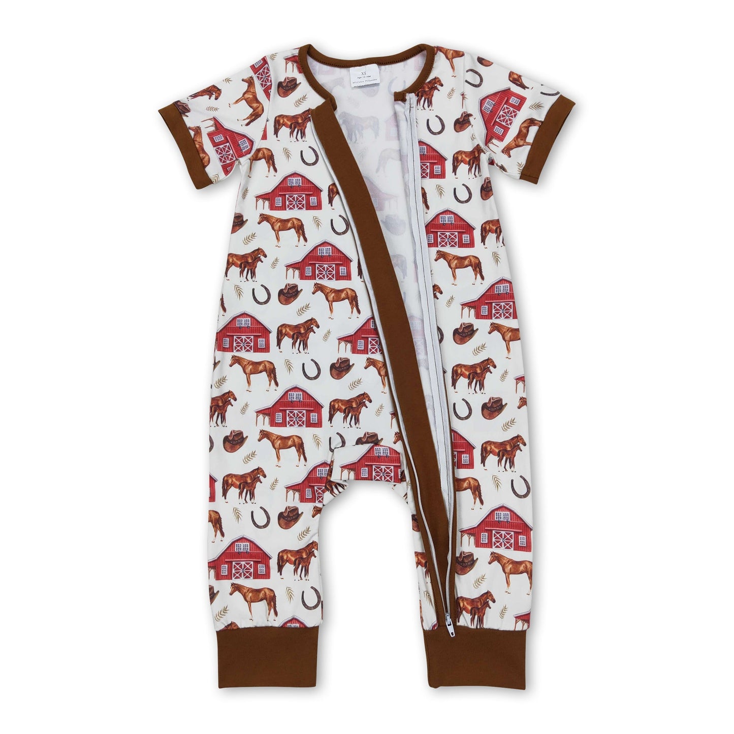 Brown short sleeves farm horse baby kids zipper romper