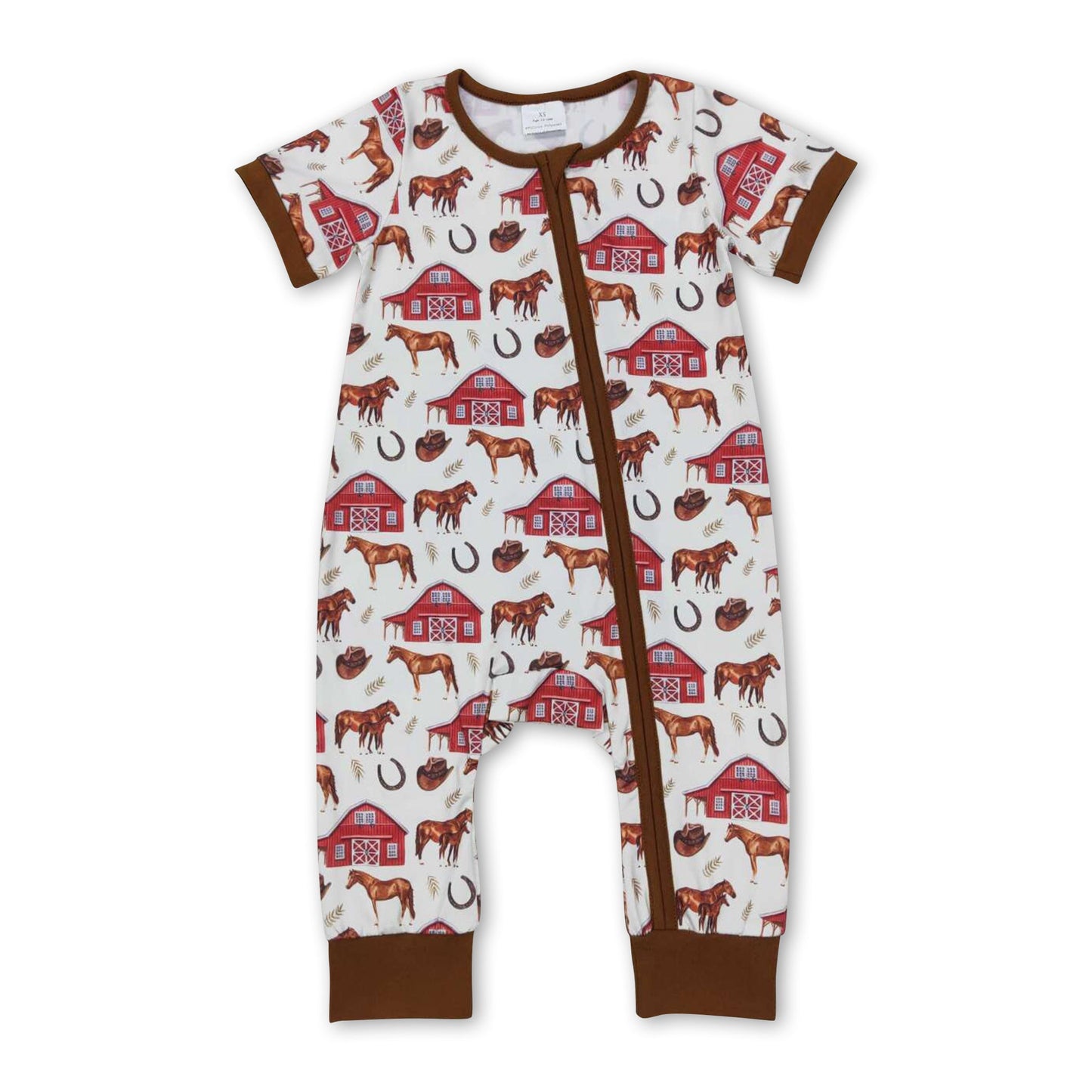 Brown short sleeves farm horse baby kids zipper romper