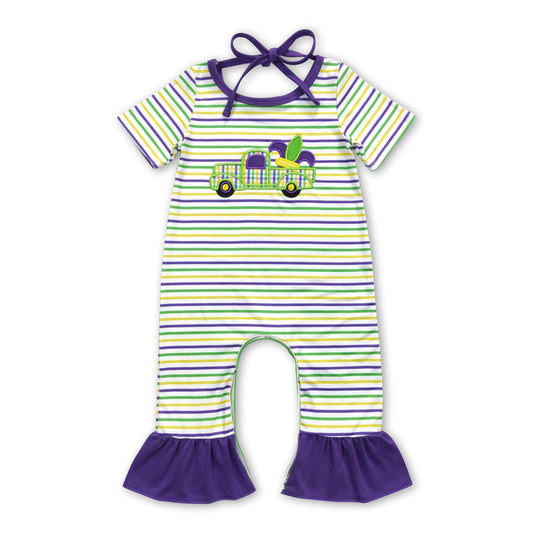 Short sleeves stripe truck ruffle baby girls mardi gras romper