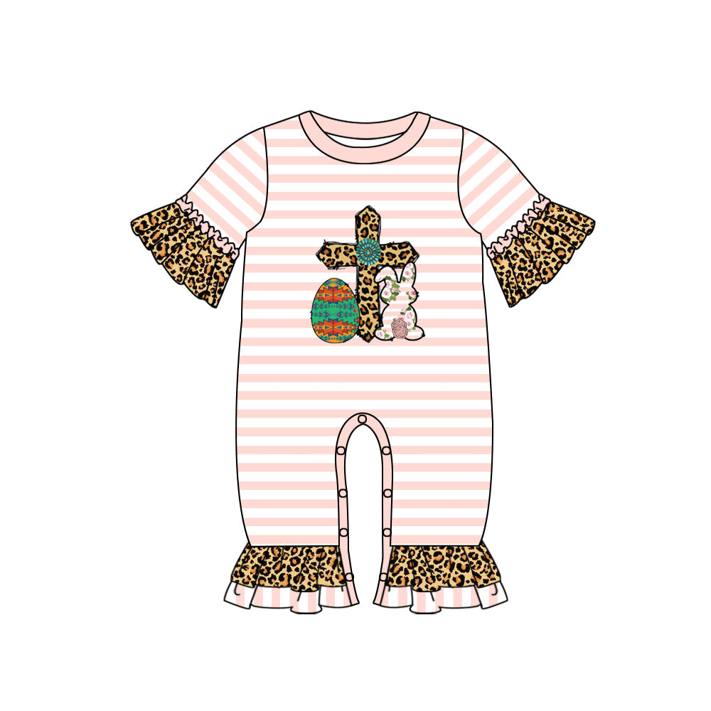 Egg cross bunny stripe leopard baby girls easter romper