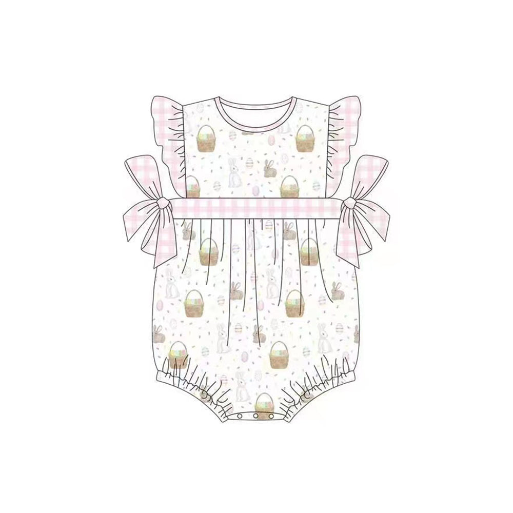 Pink plaid bunny eggs basket baby girls easter romper