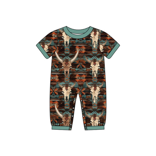 Short sleeves bull skull aztec western boy romper