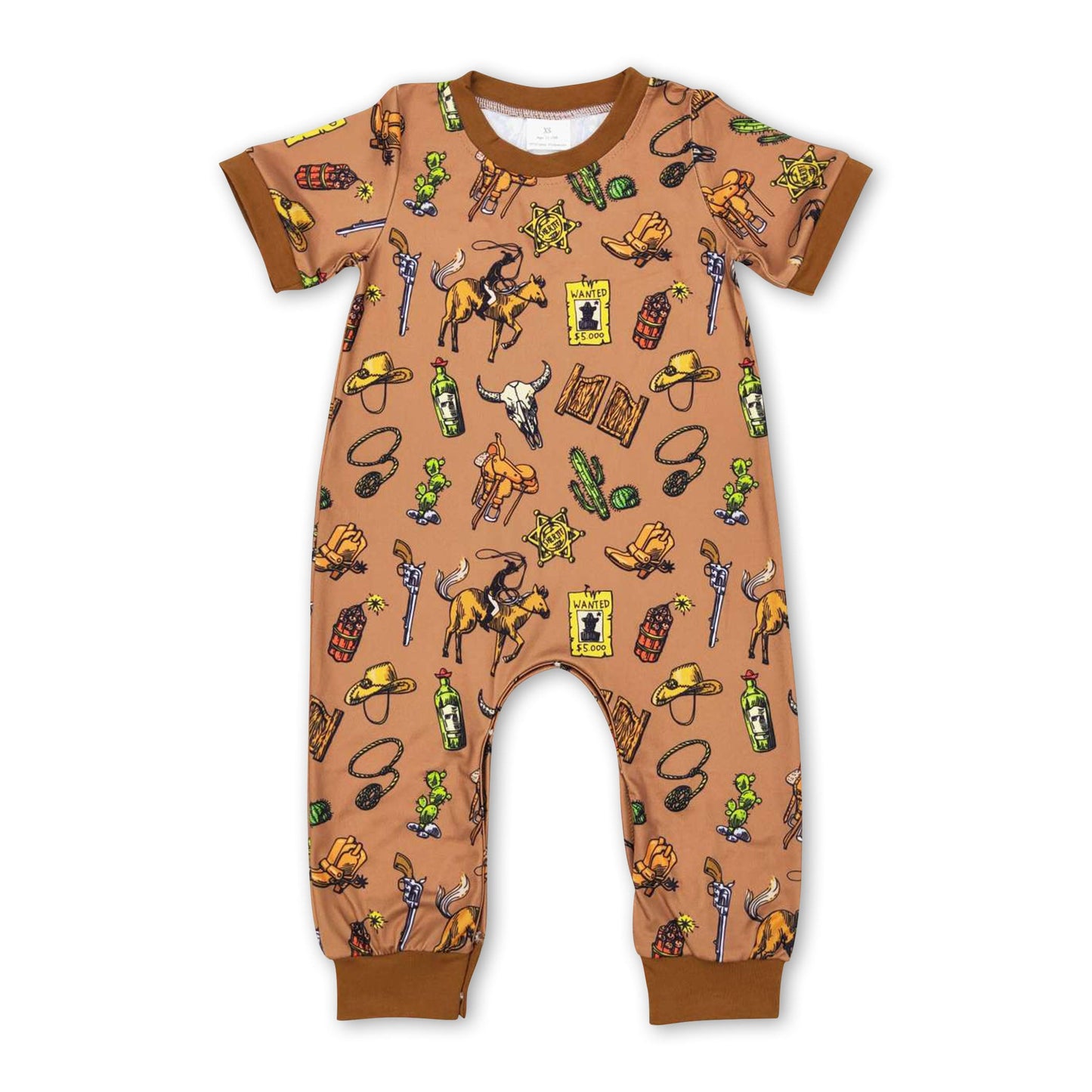 Short sleeves brown bull skull western baby rodeo romper