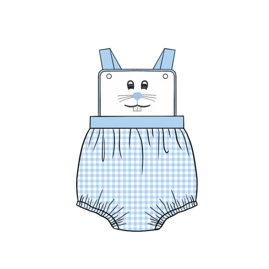 Sleeveless bunny light blue plaid baby boys easter romper