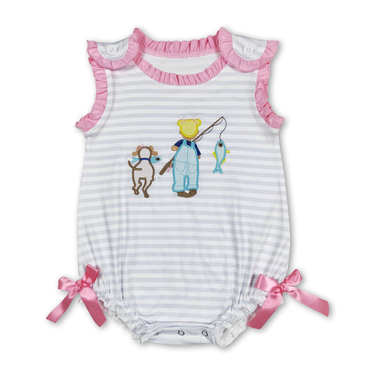 Sleeveless dog fishing stripe baby girls romper ship from US