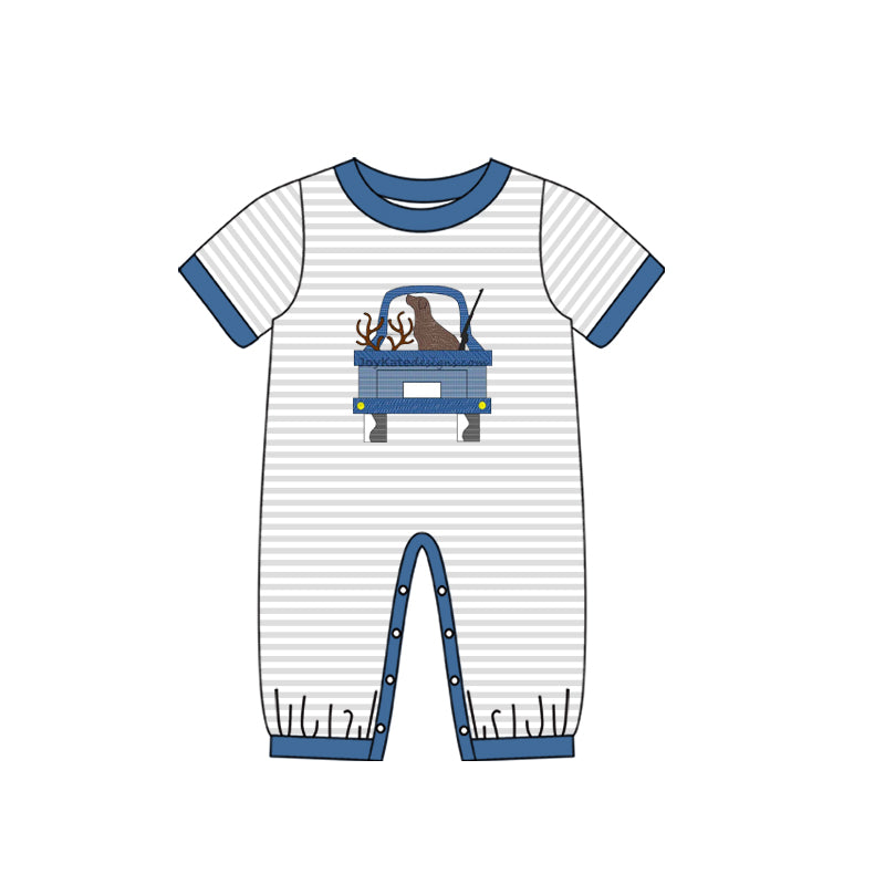 Short sleeves stripe truck dog baby boy hunting romper