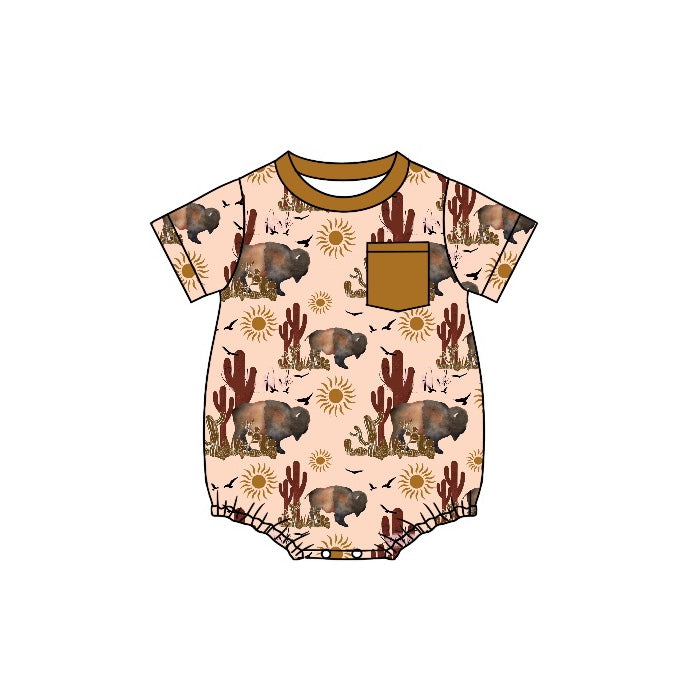 Brown pocket cows cactus western baby boys romper