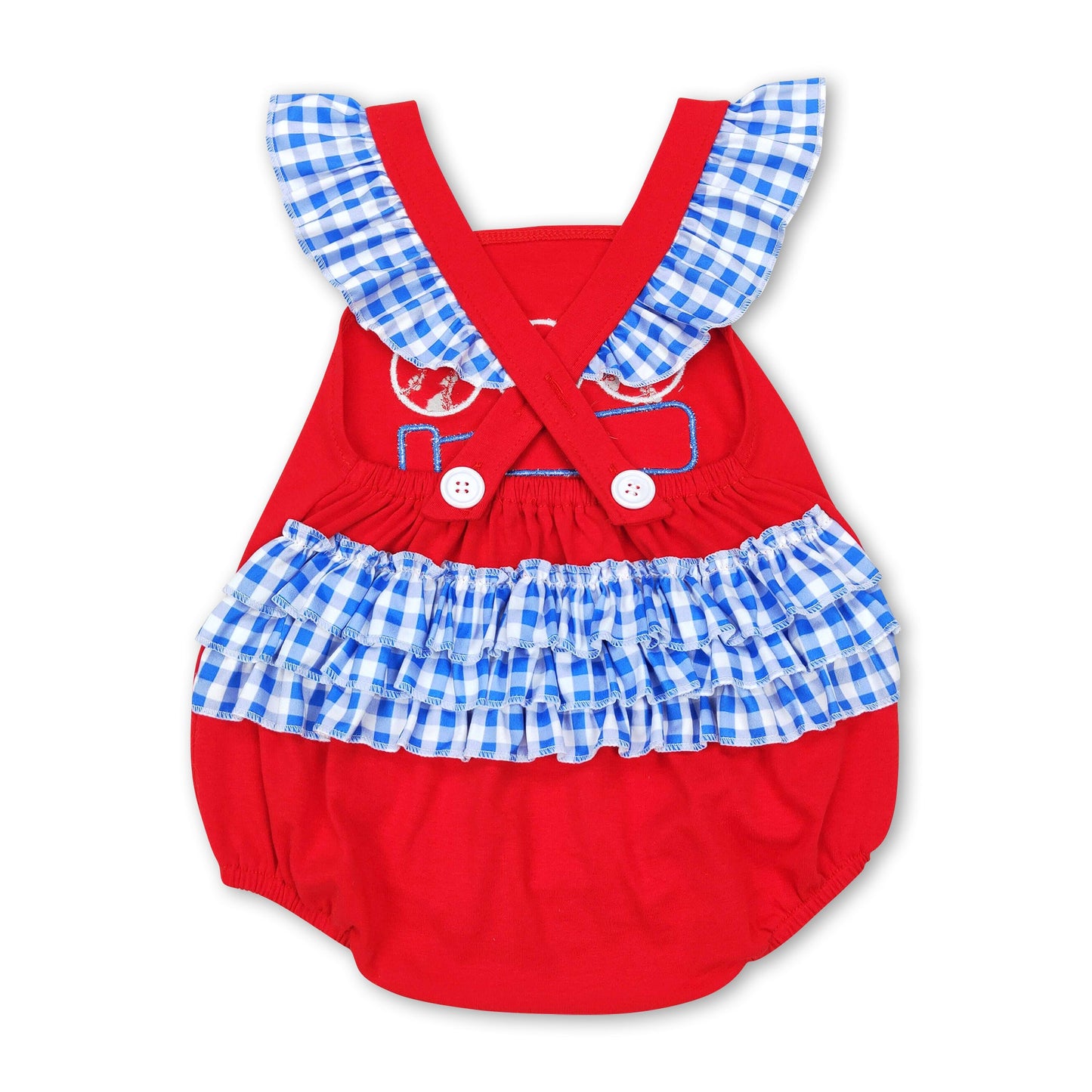 Red baseball plaid ruffle baby girls romper