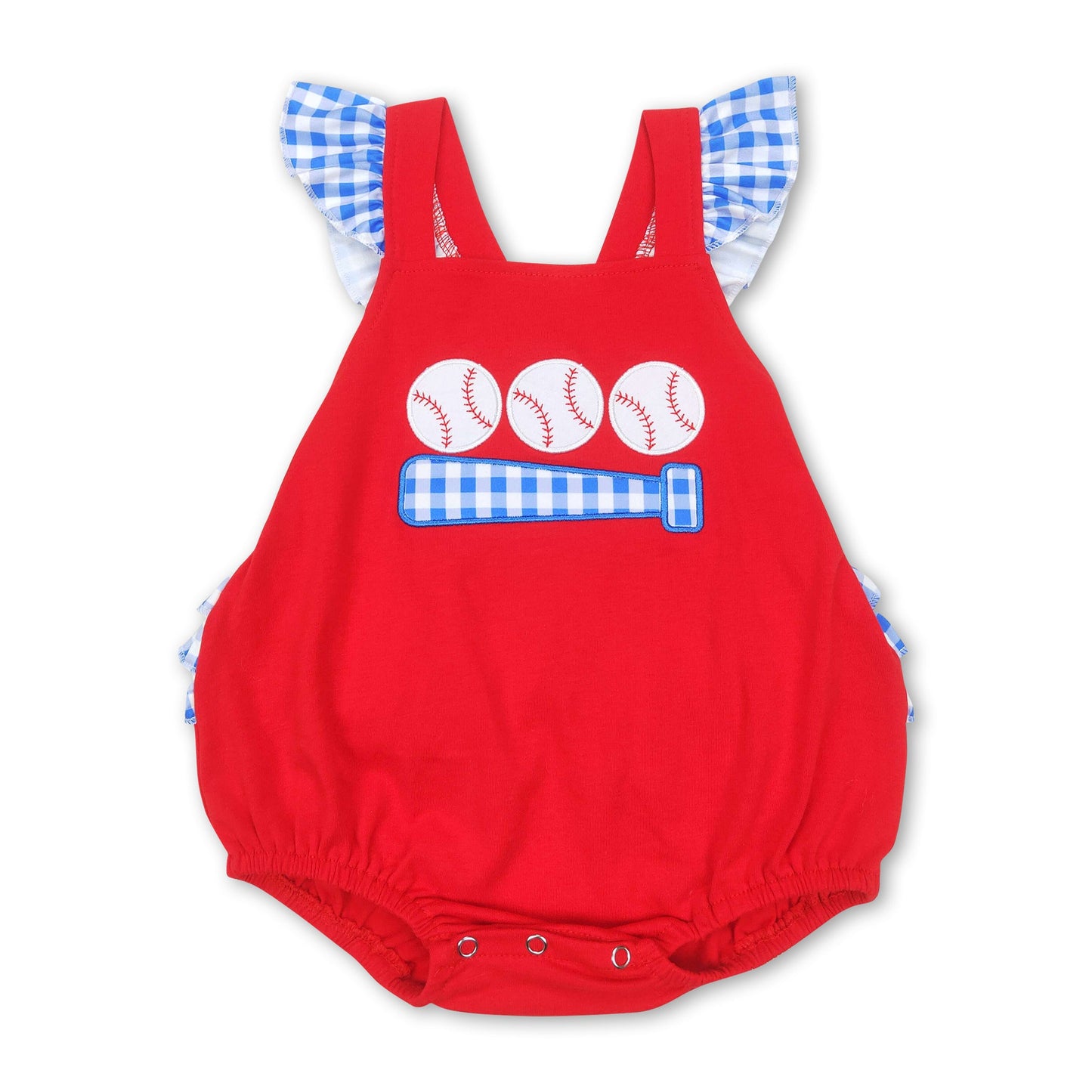 Red baseball plaid ruffle baby girls romper