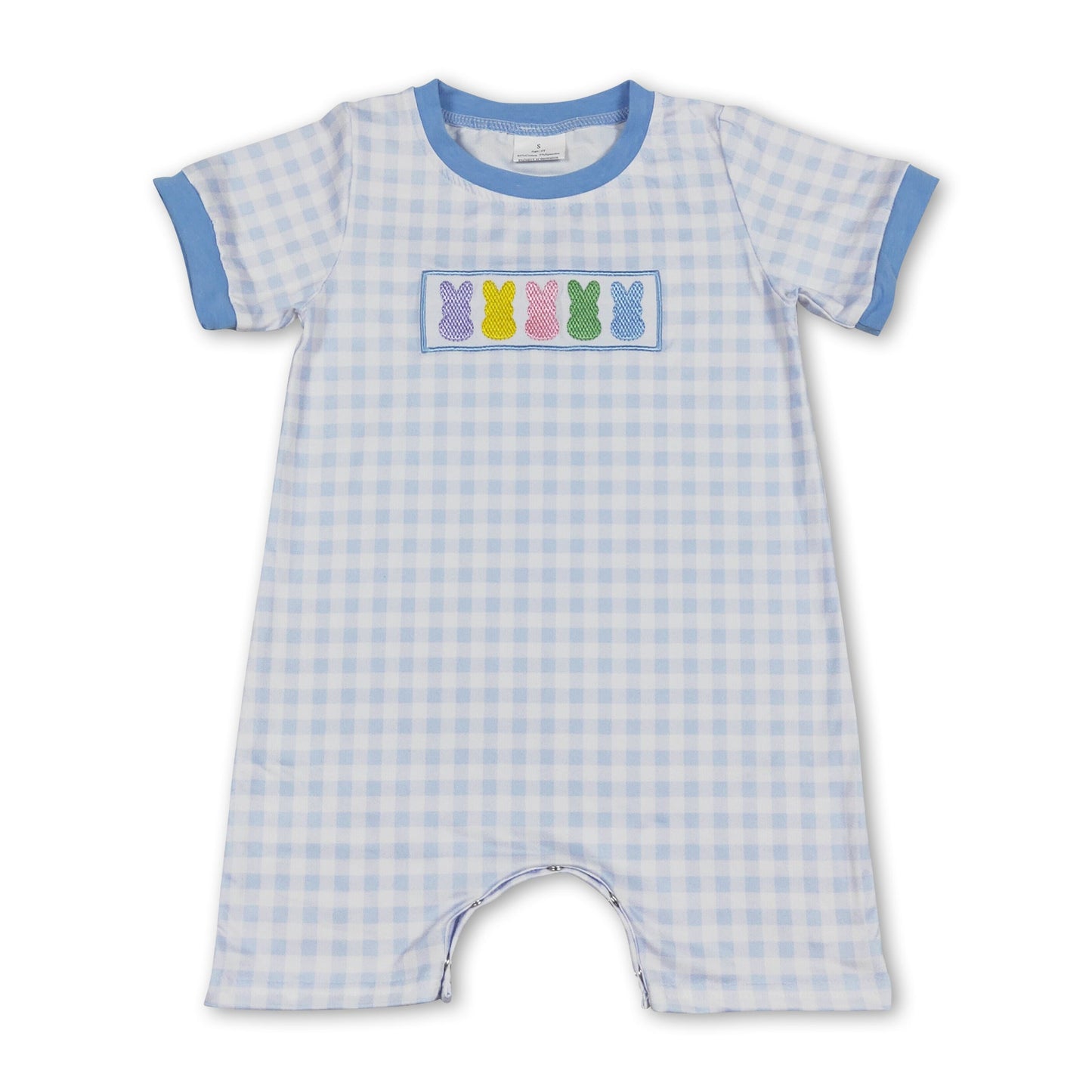 Light blue plaid bunny baby boys easter romper