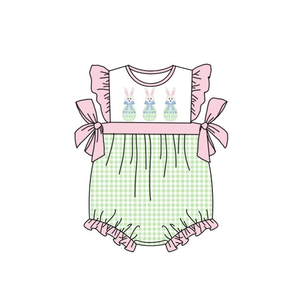 Pink green plaid eggs bunny baby girls easter romper