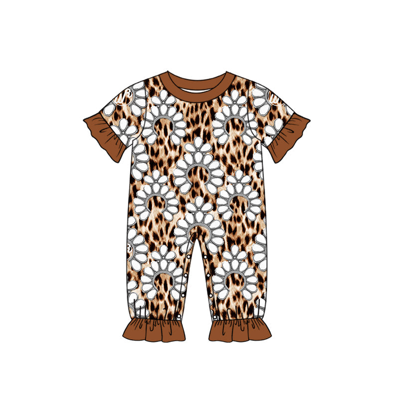 Brown short sleeves leopard turquoise girls romper