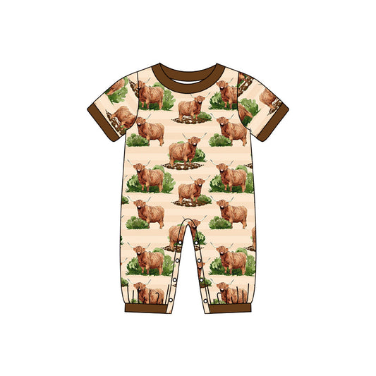 Brown short sleeves highland cow baby boy romper