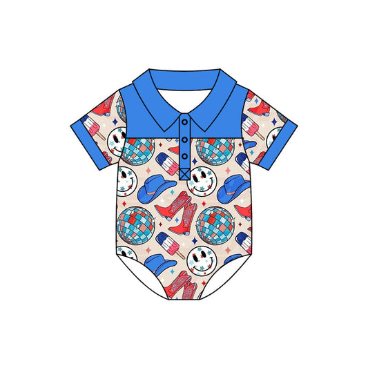 Blue smile boots baby boy 4th of july polo romper