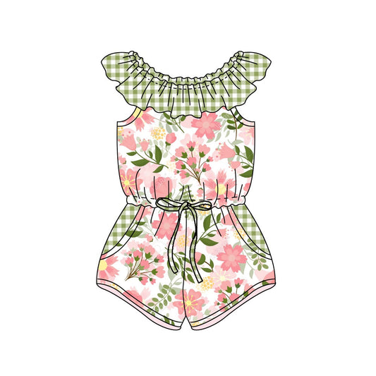 Green plaid pocket floral girls jumpsuit