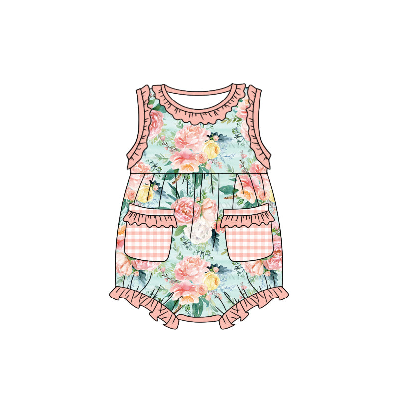 Sleeveless plaid pockets floral baby girls romper