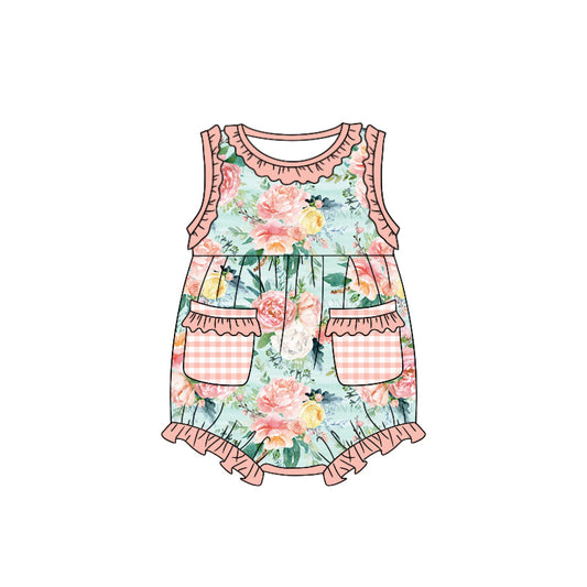 Sleeveless plaid pockets floral baby girls romper