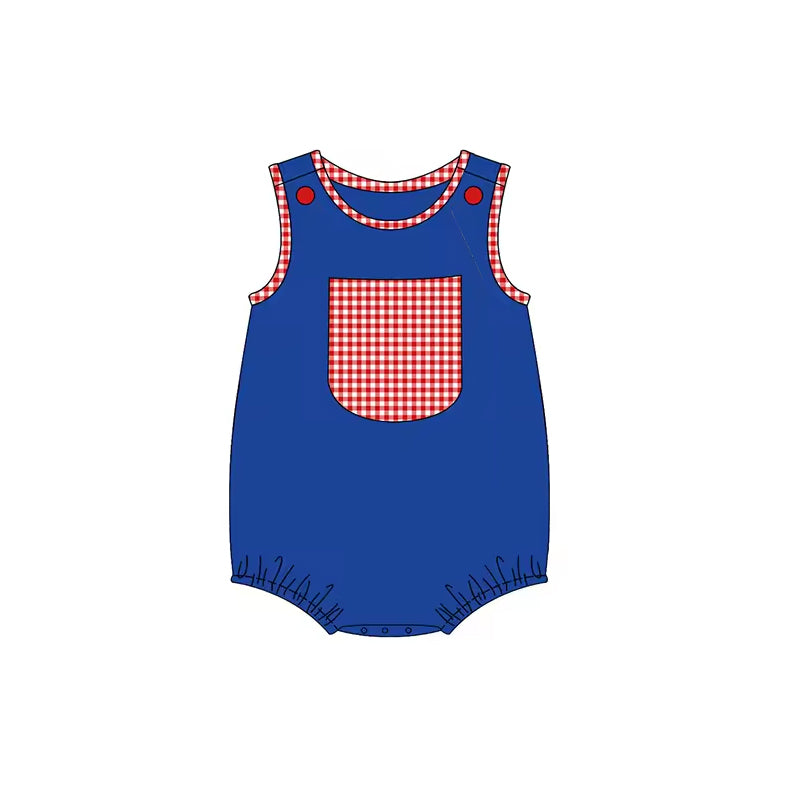 Sleeveless blue cotton plaid pocket baby 4th of july romper