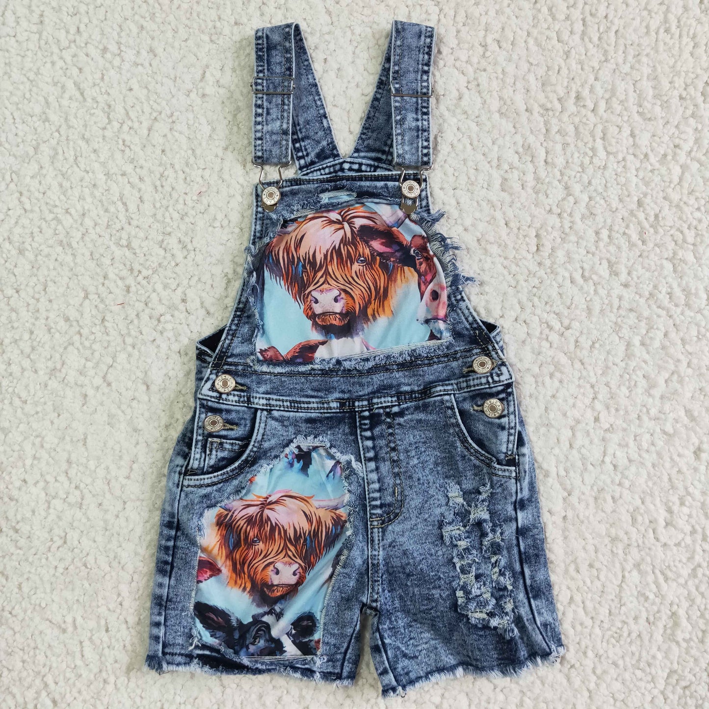 Highland cow denim jeans baby girls overalls