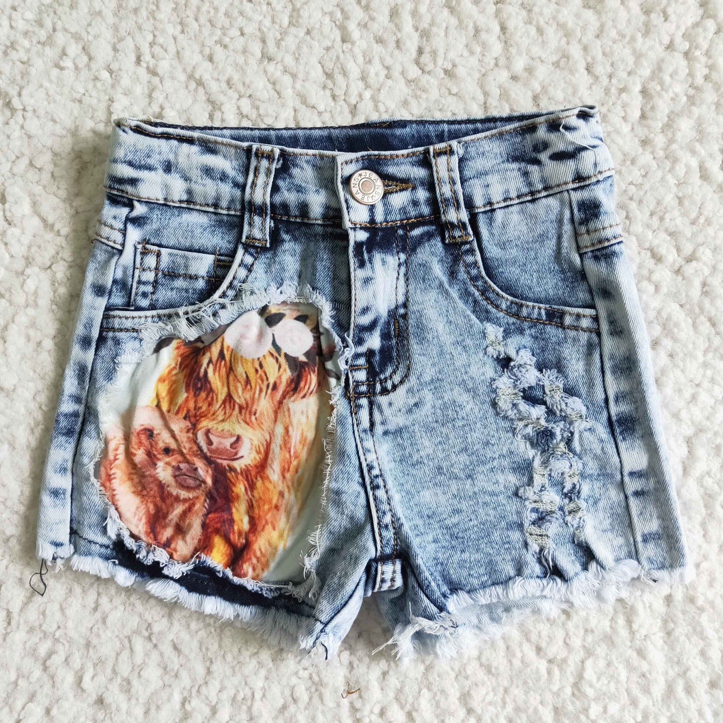 Highland cow denim shorts girls summer jeans