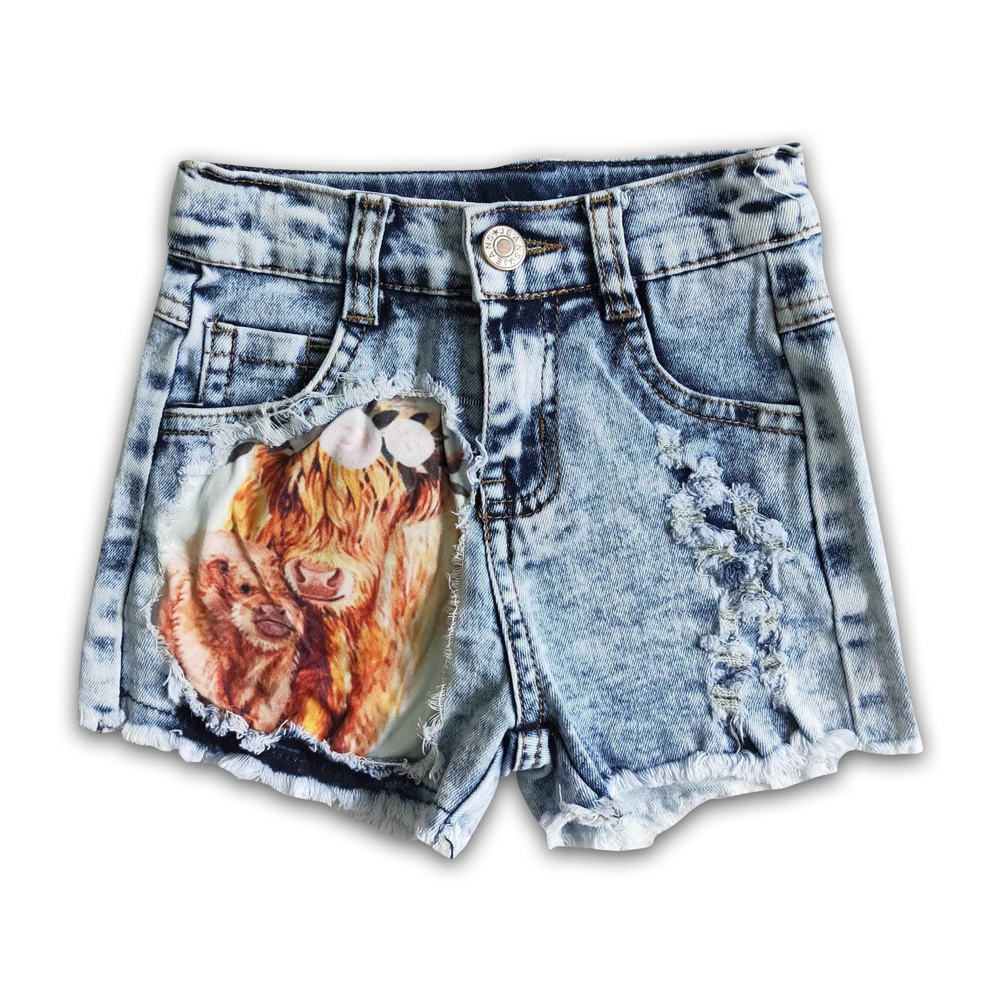 Highland cow denim shorts girls summer jeans