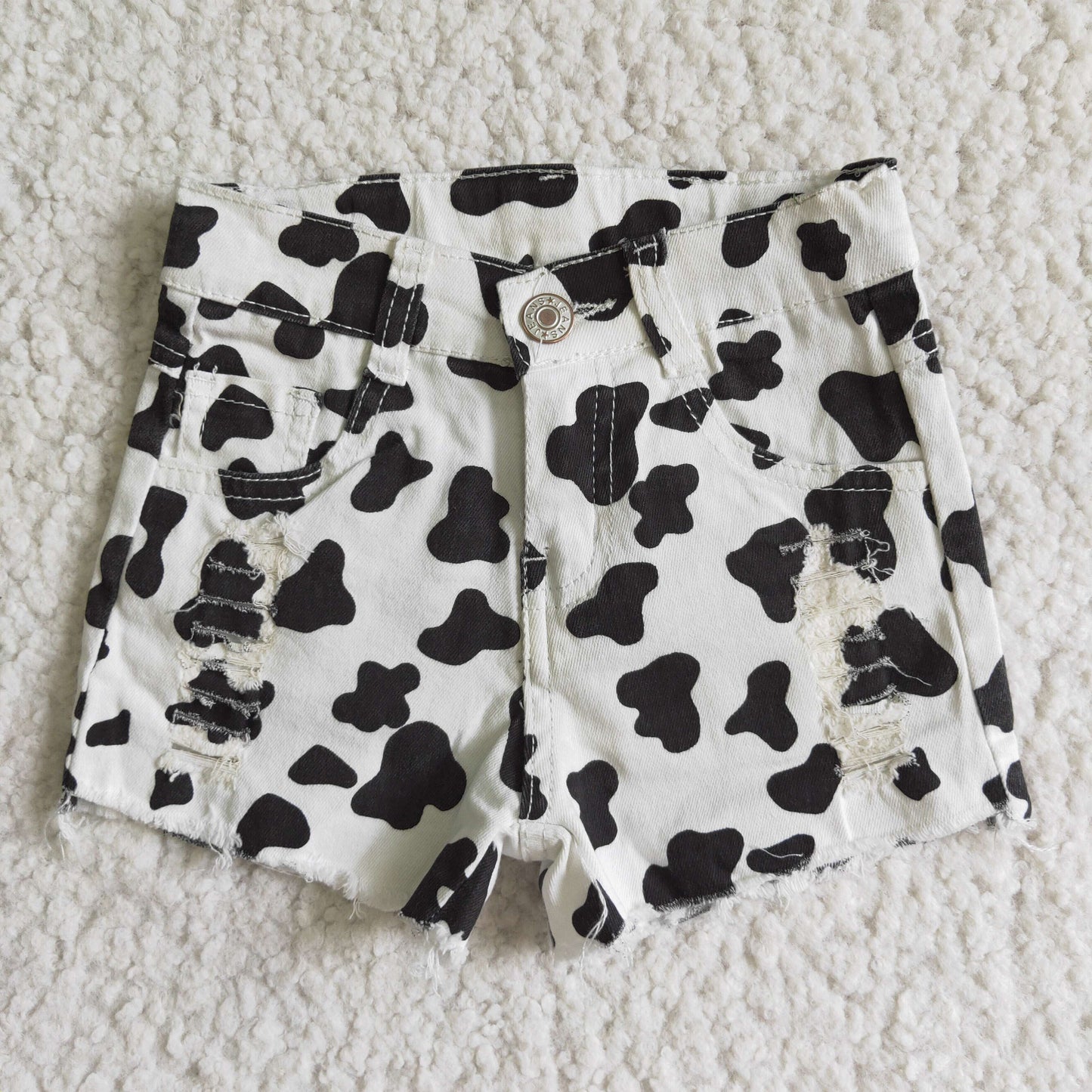 Girl cow print jeans waistband denim shorts