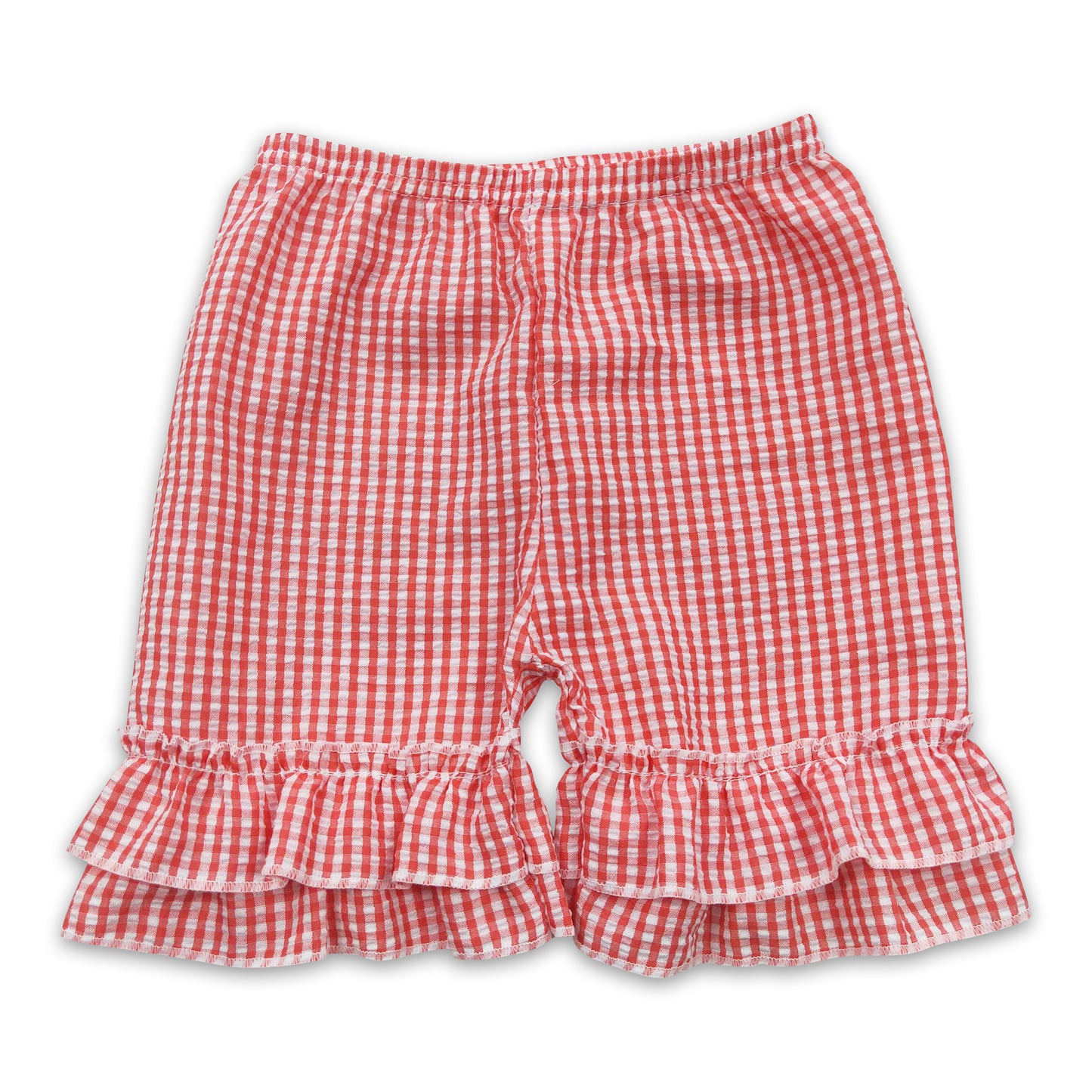 Red plaid seesucker ruffle baby girls shorts