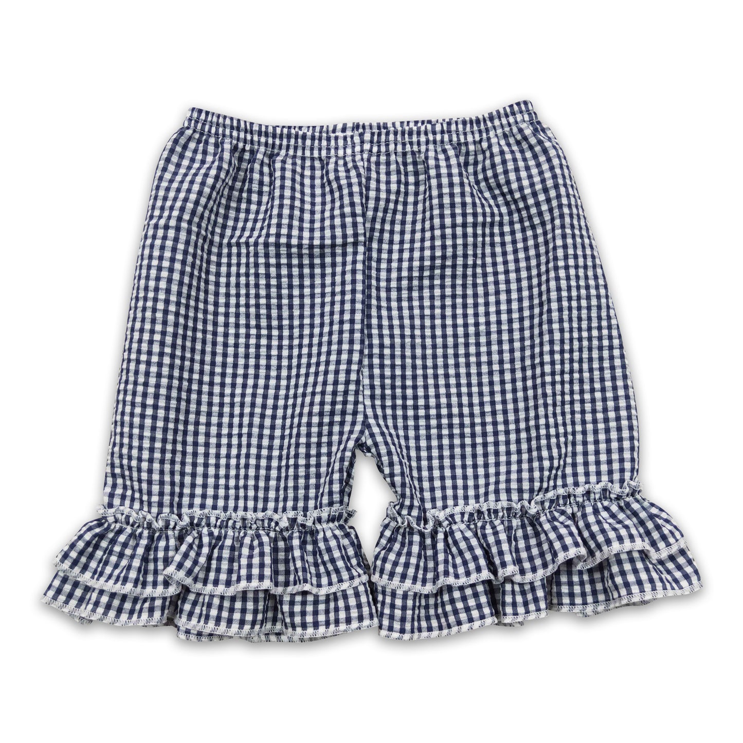 Blue plaid seesucker ruffle baby girls shorts