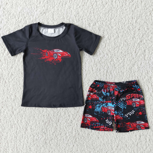 Short sleeve car print black shirt speed shorts boy summer outfits