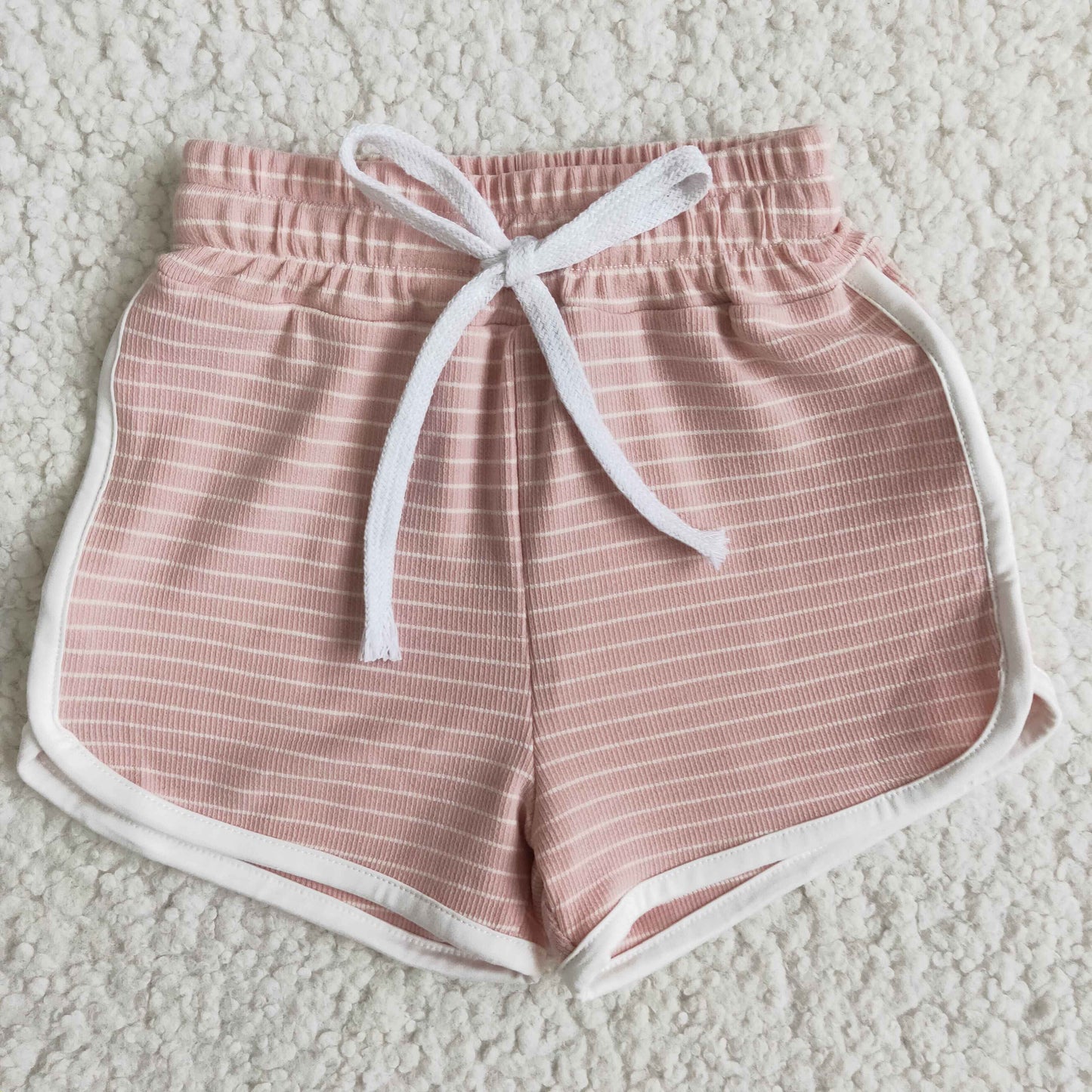 High quanlity cotton pink small stripe drawstring girls summer shorts