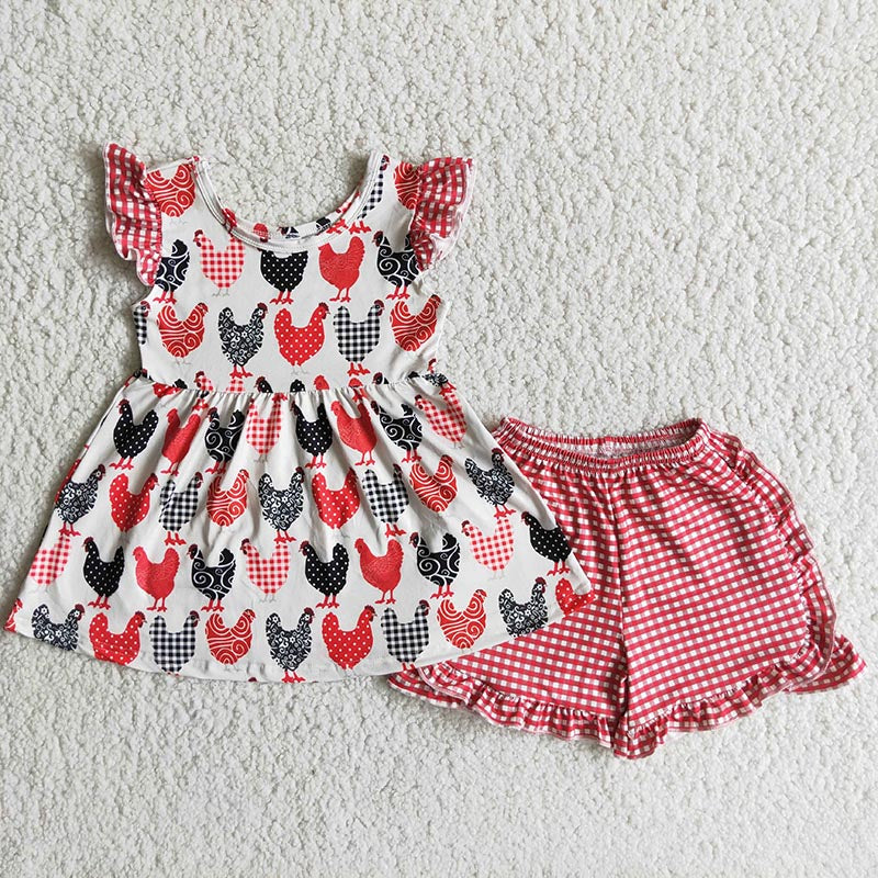 Girl Red Chicken Plaid Shorts Outfit